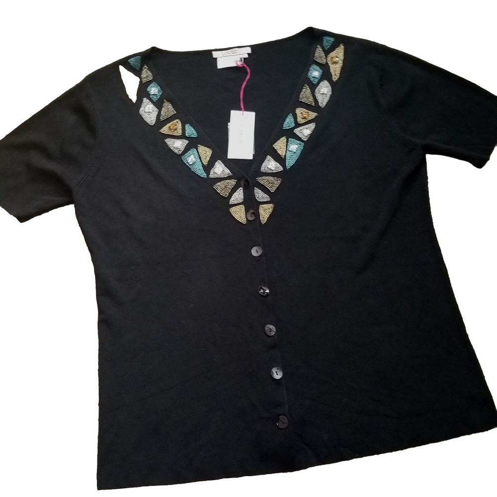 LouLou Womens Plus Size 1X Beaded Cardigan Rayon Black NWT Artsy Aztec Boho